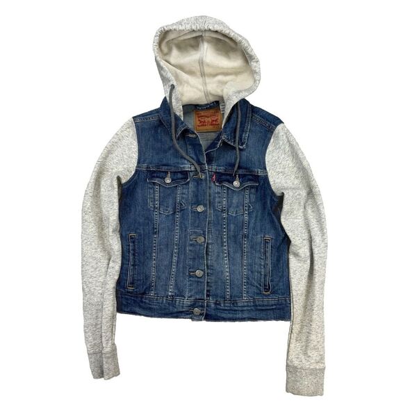 Levis Denim Jacket Womens XS Hoodie Hybrid Trucker‎ Sweatshirt Blue Gray Button - Picture 1 of 8
